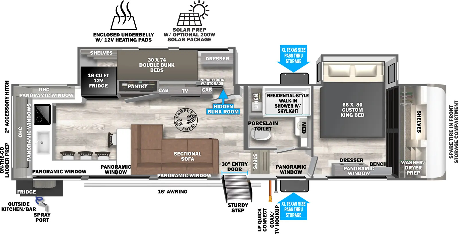 The Heritage Glen Fifth Wheels 320VIEW floorplan has one entry and two slide outs. Exterior features include: fiberglass exterior, 16' awning and outside kitchen. Interiors features include: bunk beds, rear kitchen and front bedroom.